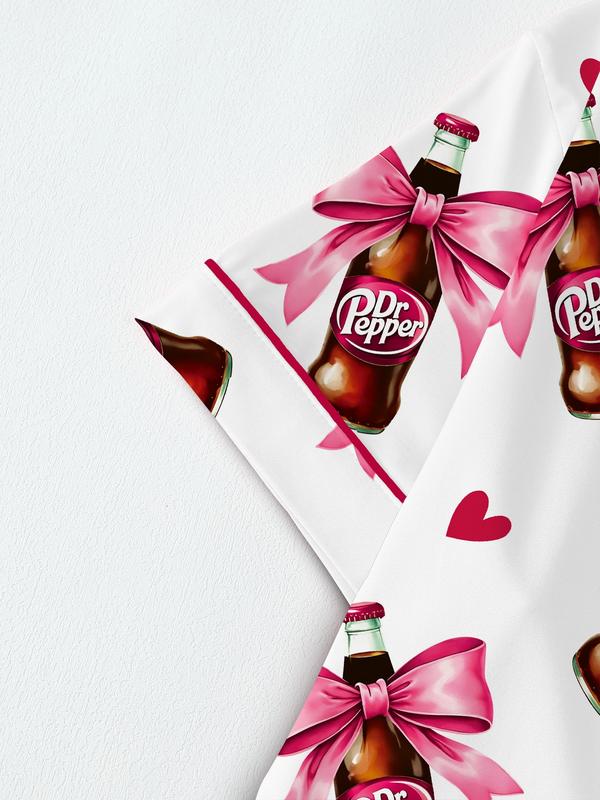 Teen Dr Pepper Collar Short Sleeve Pajama Set, Comfortable Sleepwear, All-Season Loose Fit, Animal Pattern, Perfect Gift