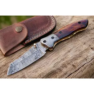 Custom Handmade 512-Layer Damascus Steel Folding Pocket Knife with Olive Wood & Damascus Bolster Handle – Leather Sheath