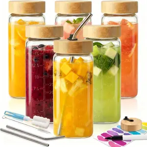 16oz Square Glass Juice Bottles with , 6 Pack  Juice Containers with  , Glass Juicing jars with 4 Straws & 2 Airtight Lid with Hole for Drinking