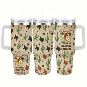 Yeehaw Beaver Power 40oz Tumbler, Western Cowboy Buc-ees Inspired Travel Mug, Texas Road Trip Aesthetic Coffee Cup, Retro Cactus and Cowboy Hat Design, Unique Texas Souvenir Gift Idea