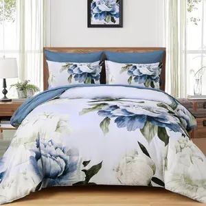 Blue Queen Comforter Set 7 Piece Bed in a Bag Queen, Blue Floral Print on Light Blue Comforter Set with Sheets, Soft Microfiber Complete Bedding Set for All Season