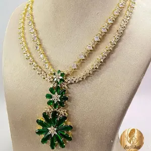 American Diamond Long Necklace with earrings Set in Green, Pink, White with Floral Pendant