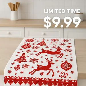 Zericago 100% Linen Embroidered Table Runner — White with Red Christmas Pattern, Holiday Scandinavian Style, 67" × 14"