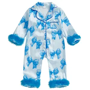 Newborn Baby Girl Silk Pajamas Feather Trim Romper Stain  Jumpsuit Pjs Infant Baby Girls Button Down Nightgown Sleepwear