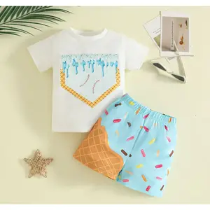 Toddler Boy Summer Clothes Ice Cream Baseball Print Short Sleeve T Shirt and Shorts Casual Outfit