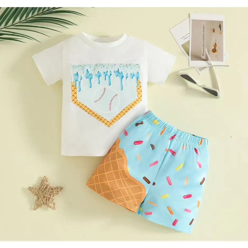Toddler Boy 2-Piece Breathable Summer Outfit, Whimsical Ice Cream & Baseball Diamond Print Short-Sleeve T-Shirt & Shorts (12-18months, 2-3t)