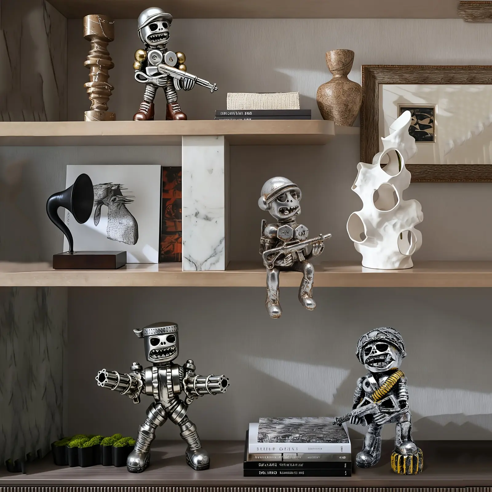 1pc Resin Robot Trooper Figurine with Machine Gun - Multi-Functional 3D Battle Robot for Car & Tabletop Decor, No Electricity Needed, Ideal for Indoor & Outdoor, Perfect for Christmas, Easter, Valentine's, Father's Day & Decorations