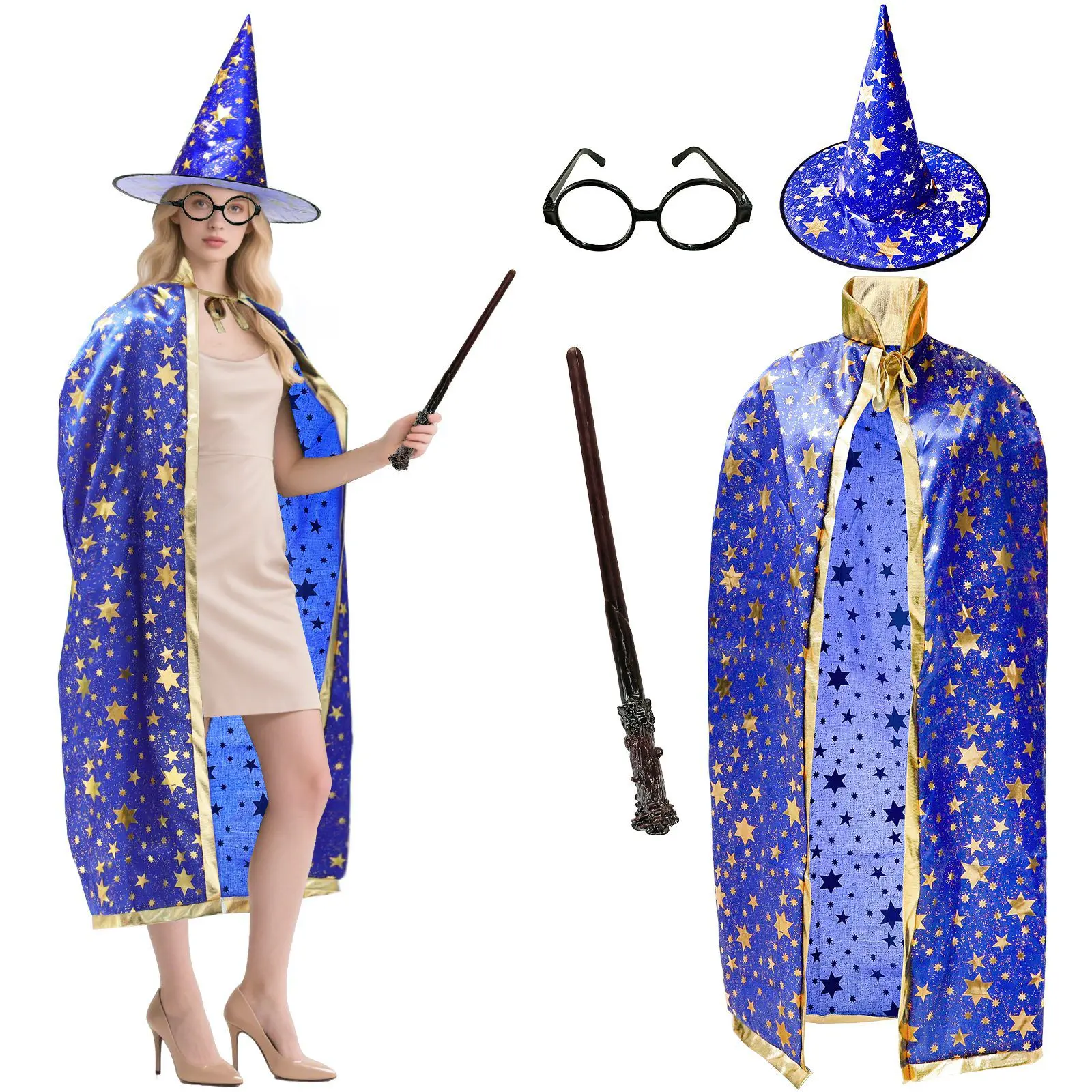 4 Pack Halloween Wizard Costume Set for Adults, Include Witch Cloak, Wizard Hat, Wand and Round Glasses for Men Women, Ideal for Parties & Photos(Blue Gold)