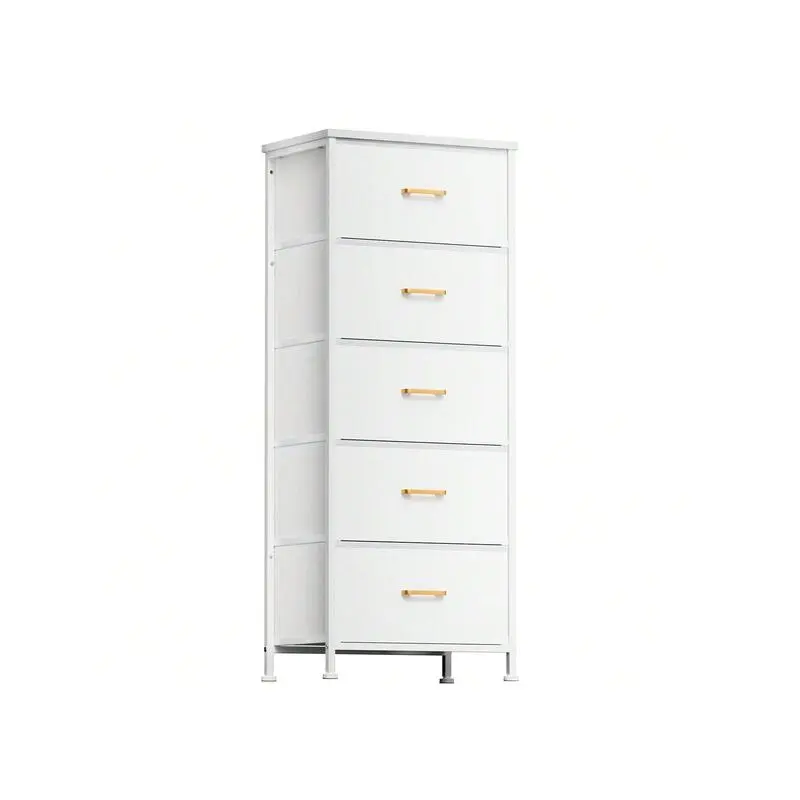Indoor furniture  Tall Fabric Clothes Cabinet Organizers With Wood Top Surface 5 Drawer Storage Tower For Living Room Hallway Porch Kids Bedroom White Dresser