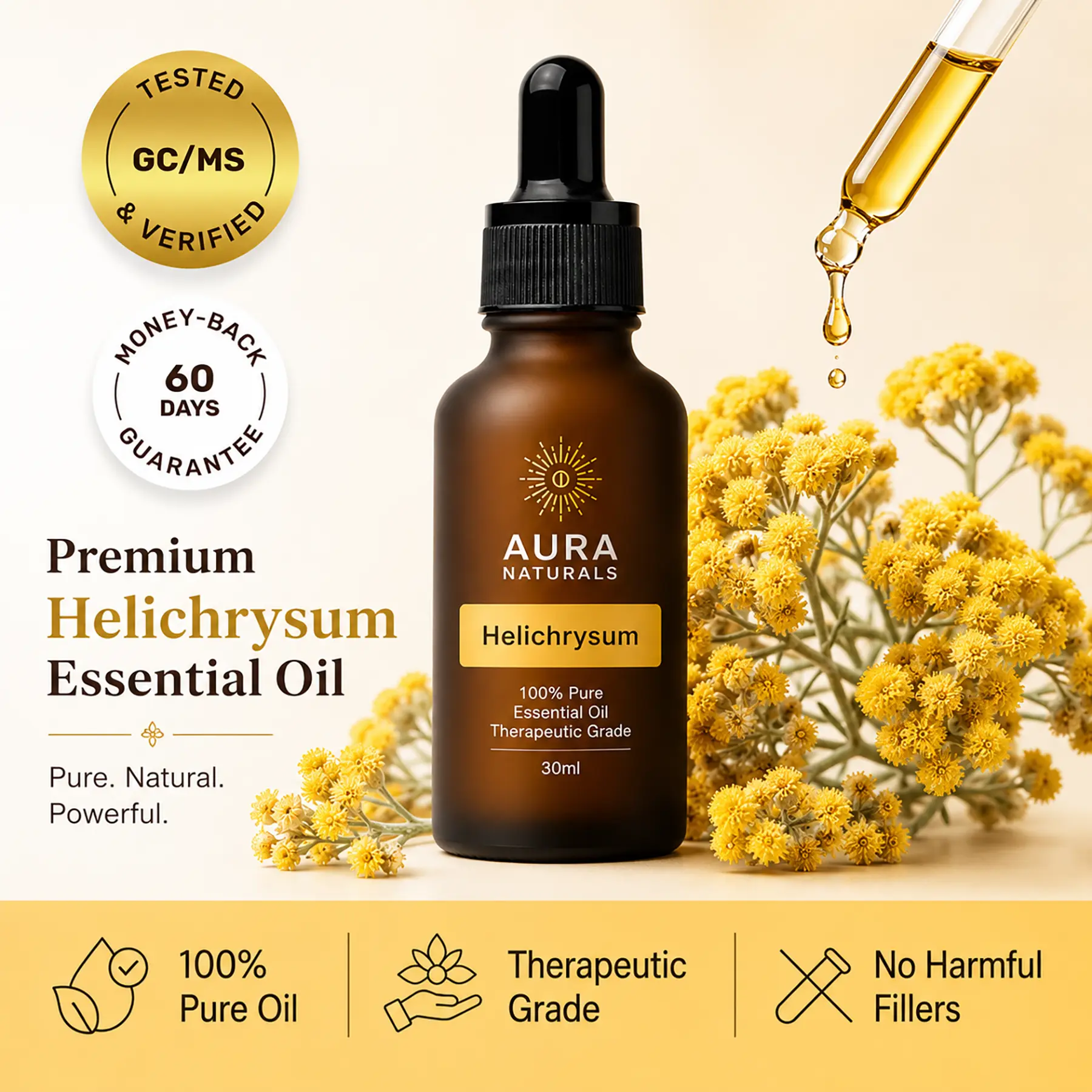 AURA NATURALS Helichrysum Essential Oil 30ml 100% Pure Therapeutic Grade