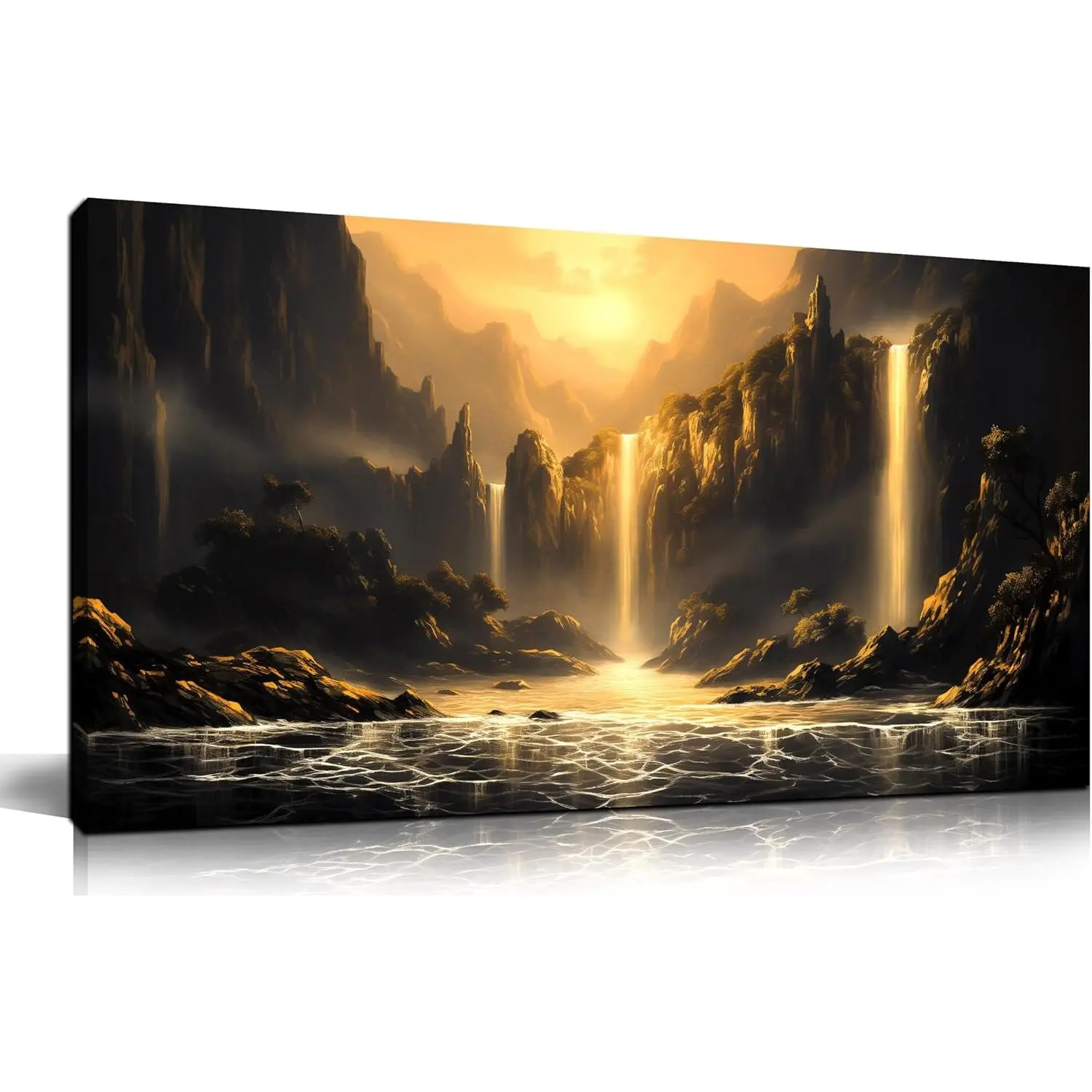 Mountain Pictures Wall Art for Living Room Waterfall Canvas Wall Decor Office Black and Gold Wall Art Bedroom Size 20" x 40"
