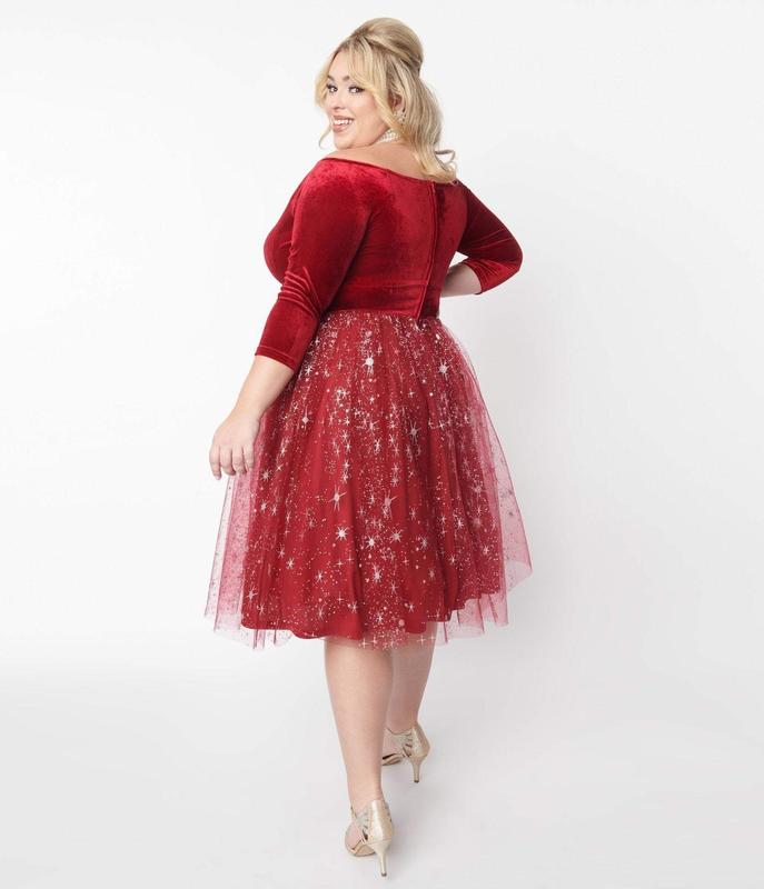 Unique Vintage Burgundy Velvet & Tulle Silver Stars Marceline Swing Dress