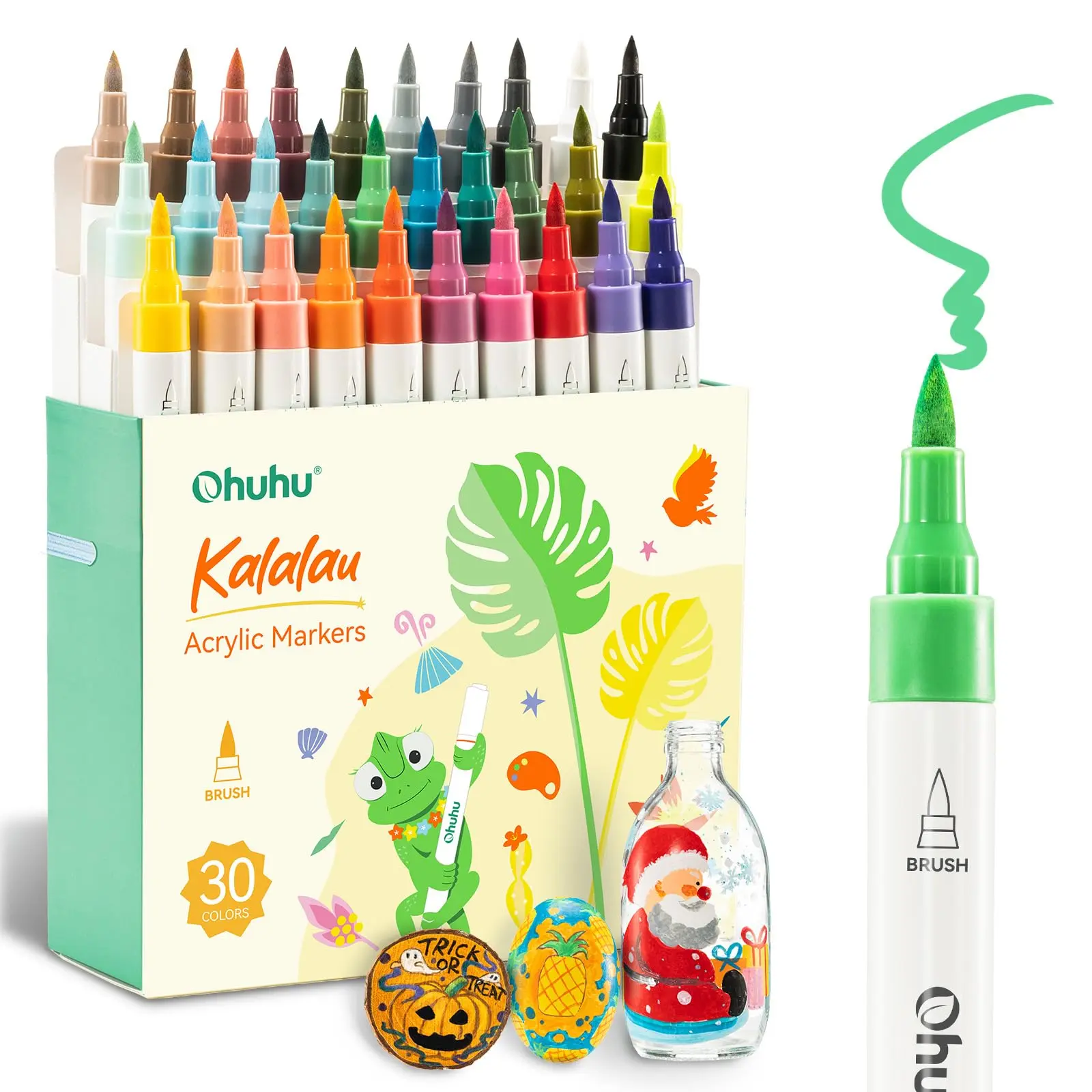 Ohuhu Acrylic Paint Markers: Brush Tip - 30 Colors - High Opacity Paint Pens Waterproof Acrylic Markers for Rock Painting Easter Eggs Wood Glass Ceramic Canvas - Kalalau Series of Ohuhuart