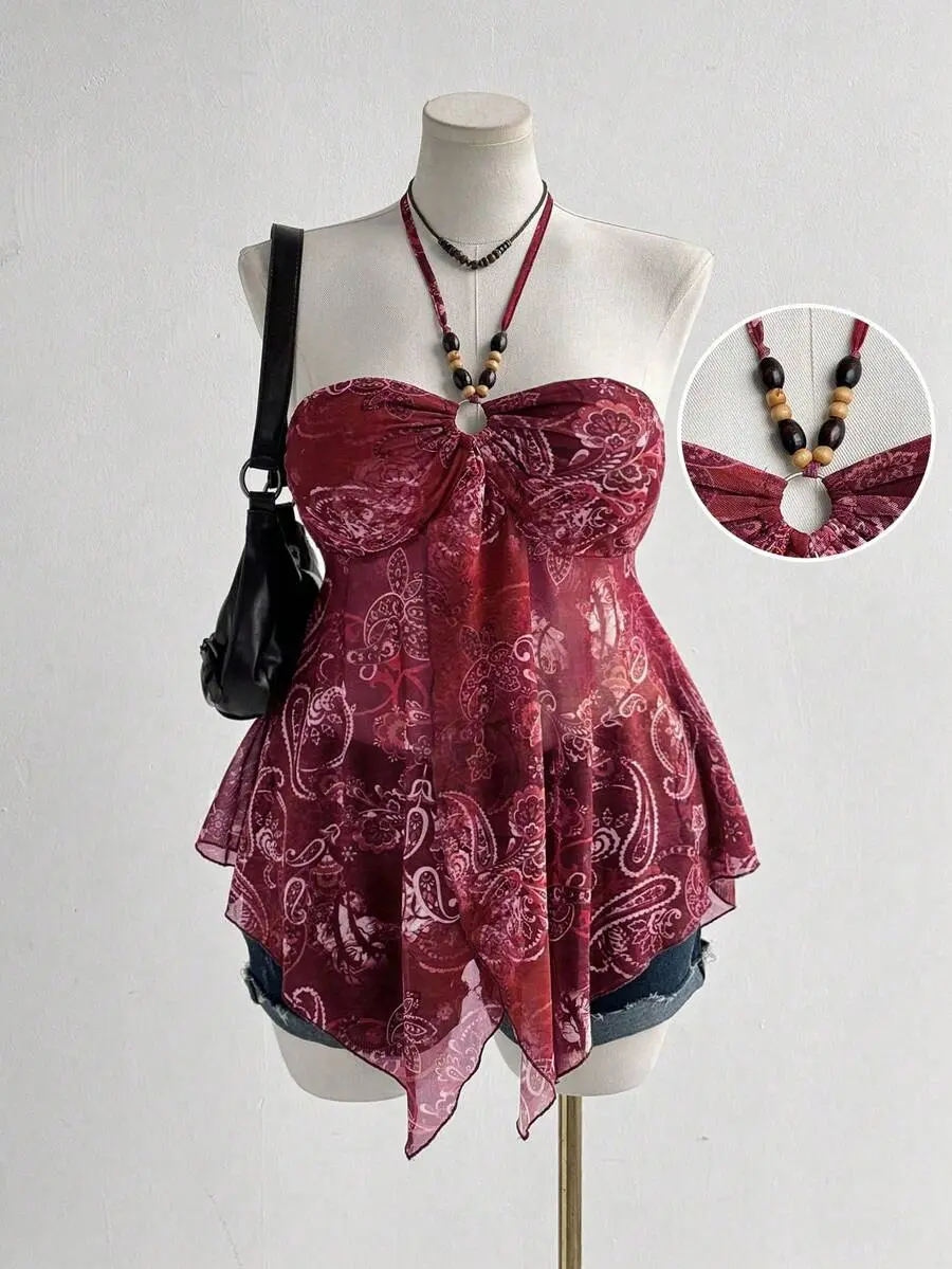 Sable x Sunspun Plus Size Women's Chocolate Brown Summer Boho Vacation Holiday Retro Mesh Print Backless Suspender Top,Y2k Chest Fold Bead Pendant Beach Camisole