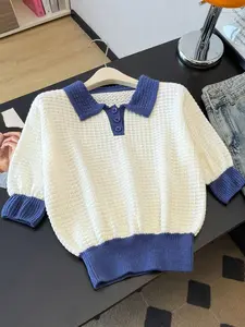 Women's Polo Neck Colorblock Knit Sweater, Casual Loose-Fitting Short Sleeve Top, Spring & Fall Fashion Pullover Womenswear Textured Polo Shirt