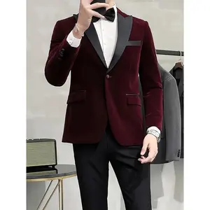 Men's Stylish Burgundy Blazer with Black Lapels & Pockets - Long Sleeve Casual Jacket for Spring/Fall, Polyester Blend, Button-Up Front, Glossy Finish, PLUS SIZE