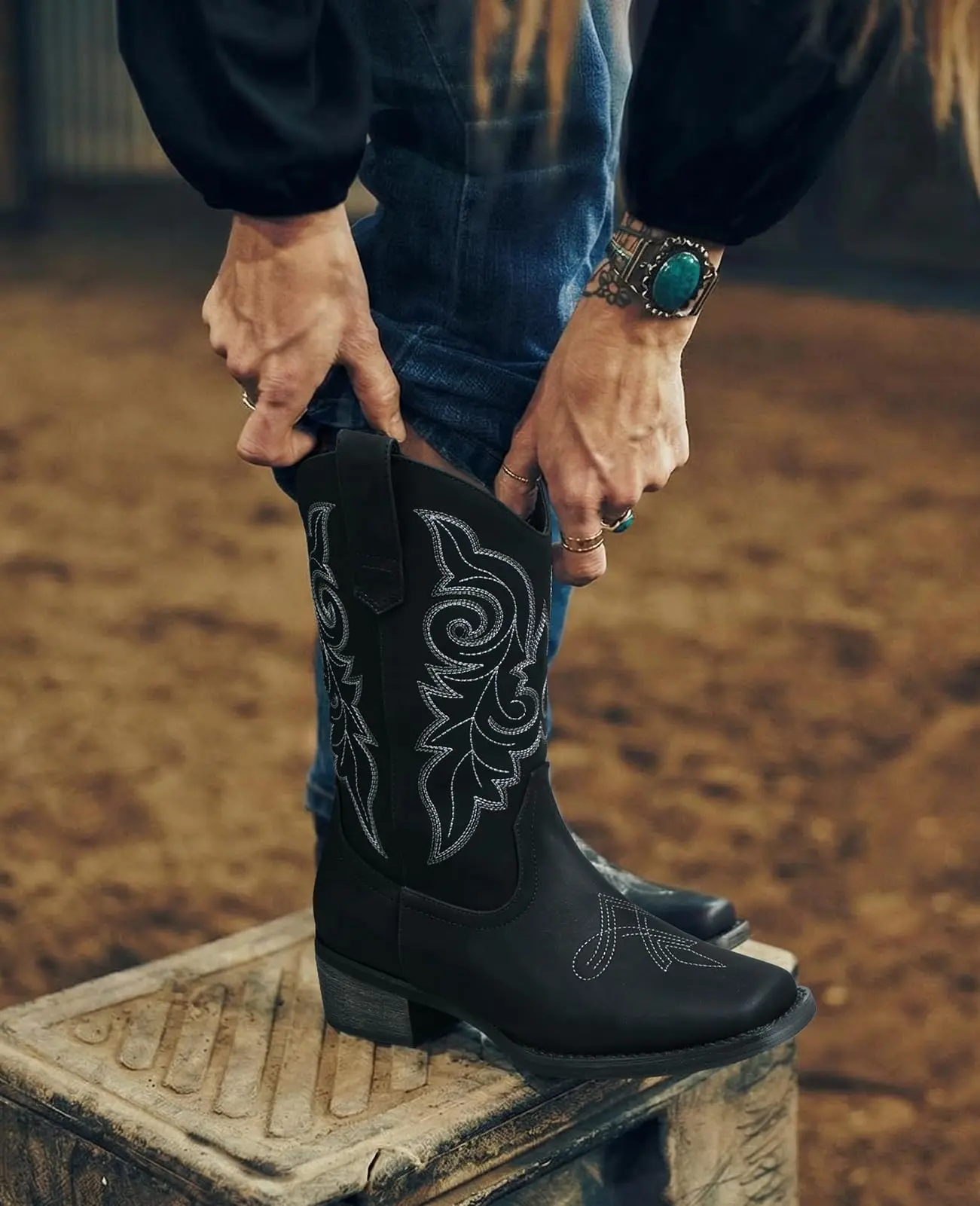 Women's Western Cowboy Boots - Mid Calf, Square Toe, Classic Retro Embroidery Shoes, PU Upper Balances Softness and Style, Cowboy Aesthetic Footwear for Rodeo, Daily Wear | New Arrivals