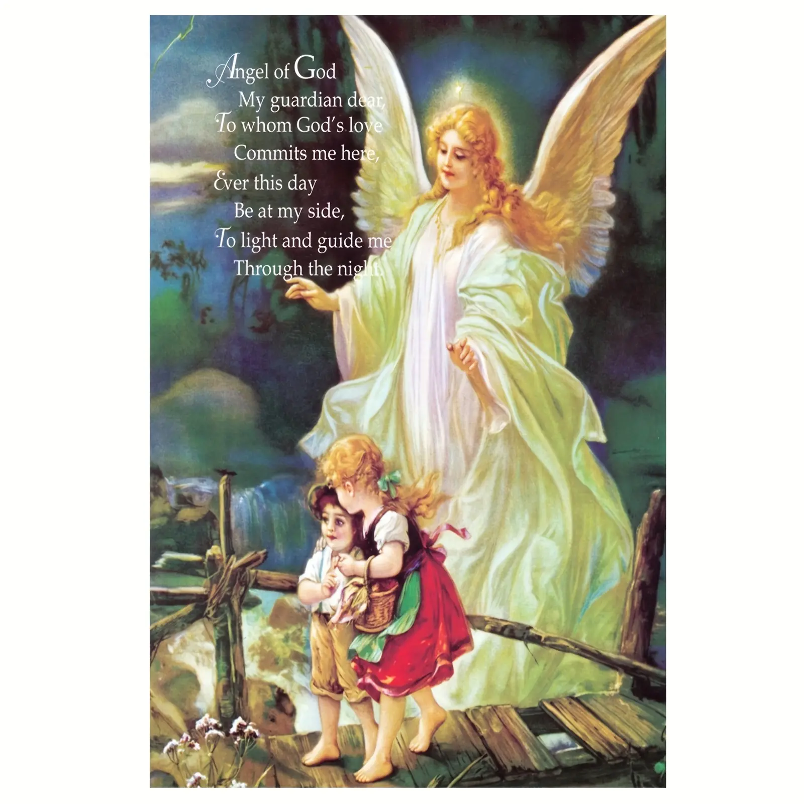 1pc 2D Flat Frameless Guardian Angel Canvas Wall Art with Angel of God Poem, 12×18in (30×45cm) Vibrant Print, Serene Forest Scene, Inspirational Kids Room Home Decor Decoration, Perfect Gift for Boys-Girls