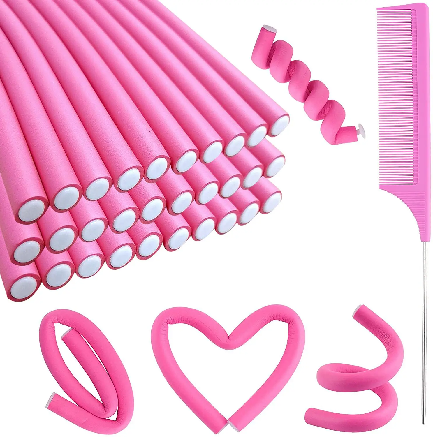 30PCS Flexi Rods Curlers Set No Heat Foam Curling Rods for Natural Curls with Steel Rat Tail Comb for Short & Long Hair Styling
