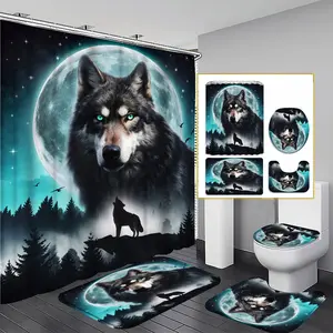 1/3/4PCS Moonlit Wolf Shower Curtain set, Mystical Forest Canine Bathroom Decor, Accessories with Bath Mat, U-shaped Mat, Toilet Lid Cover, 12 Hooks 180x180cm Curtain, Nature Inspired, Home Decor, bathroom accessories, Moonlight, Shower Essentials