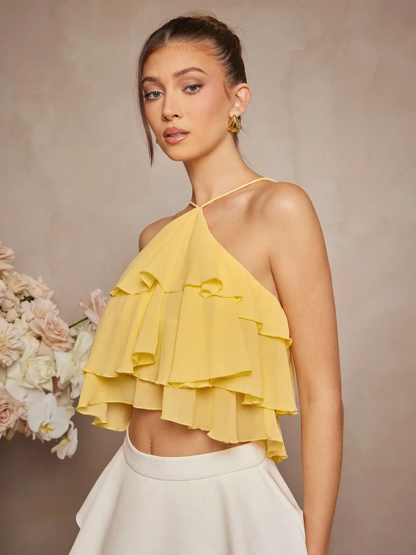LALUZ Halter Backless Top Butter Yellow Chiffon Triple Tier Summer Blouse Sleeveless Going Out Outfit
