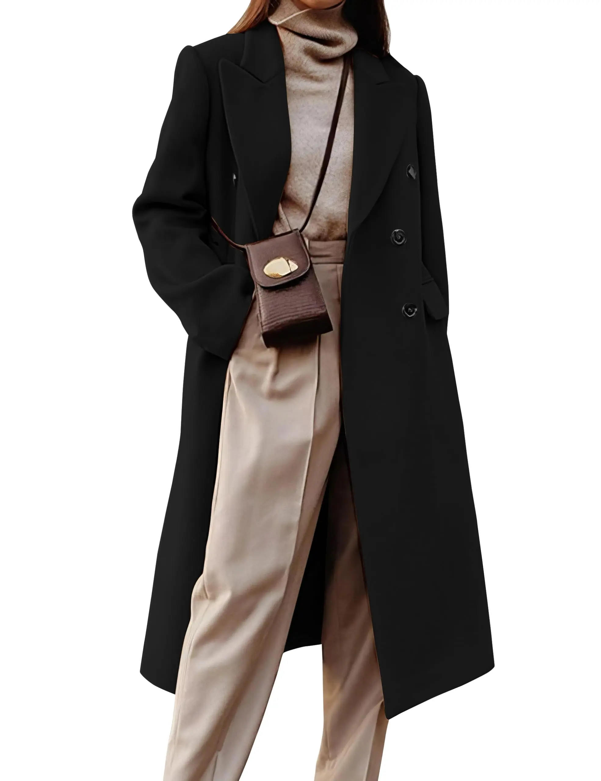 IDEALSANXUN Women's American Sizes Solid Collared Long Sleeve Vintage Wool Blend Double-Breasted Below Knee Peacoat Overcoat, Fall Winter Dressy Casual Tailored Elegant Clothes with Pockets for Cold Weather