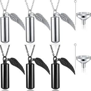 Unisex Long Stainless Steel Cremation Urn Necklace Set (6 Pieces) - Memorial Angel Keepsake Cylinder Pendant with Filling Kit, Love & Anniversary Jewelry for Ashes