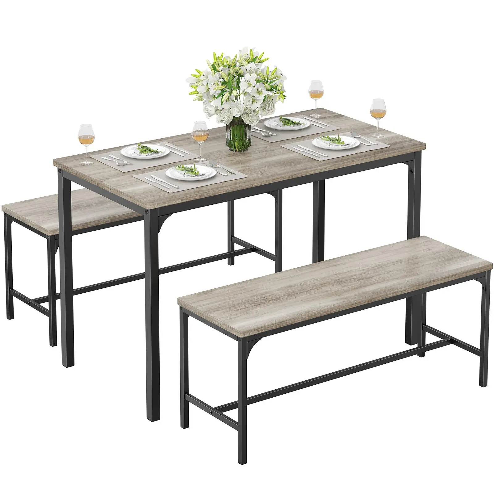 4 Person Dining Table Set with Bench, Modern Kitchen Table Set, Space Saving Furniture for Indoor & Outdoor, 3 Piece (3 Benches + Table) or 4 Piece (2 Chairs + Bench + Table), Home Apartment