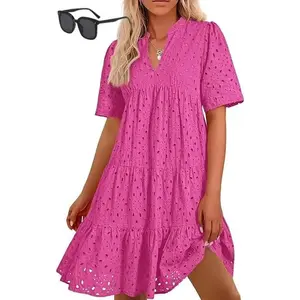 Women’s Eyelet Dress 2025, Elegant Hollow-Out Lace Ruffle Casual Mini Dress, Summer Ruffle-Hem Floral Lace Dresses