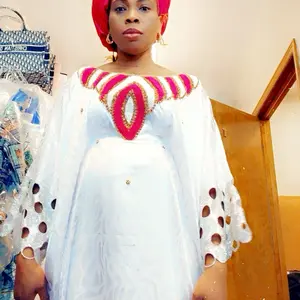 Boubou Soie Getzner Perlé Beaded Dress Long Gown One Size Fit All & Head Tied color white