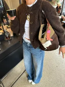 Women's Autumn and Winter New Curry Plush Round Neck Front Button Knitted Cardigan, Loose Slouchy Warm, Cozy Sweater Cardigan, Long Sleeve Commuter Top, Knitwear