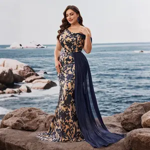Plus Size Floral Sequin Evening Gown, One Shoulder Mermaid Formal Dress with Draped Chiffon Train for Wedding Guest, Cocktail Party