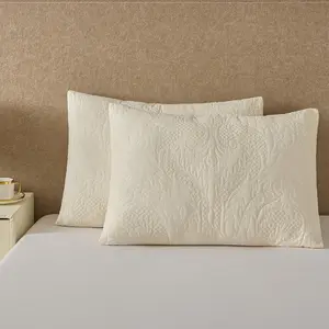 Quilted Pillow Sham Set of 2 Ivory Cream Embroidered Floral Pillowcases Embossed Textured Cotton Vintage Damask Pattern 20×26