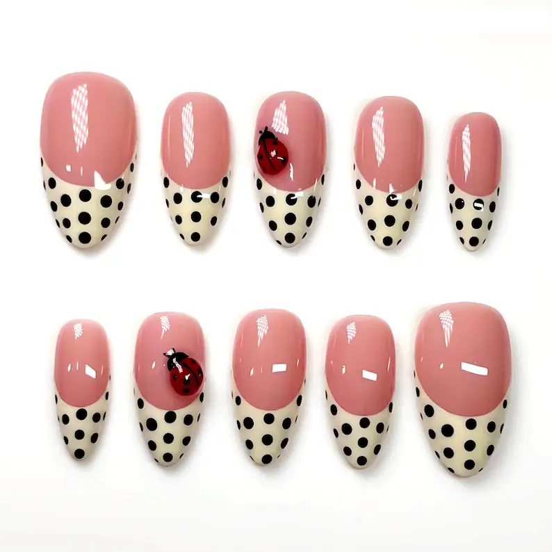 Best Seller Polka dot Press On Nails, Ladybug Almond Nails , Luxury Handmade Faux Acrylic, Press-on Nail, Holiday Nail For Her, Custom Nails