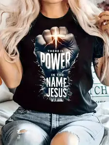 Plus Size Women'S Casual T-Shirt with "There is Power in the Name Jesus" Print - Round Neck, Short Sleeve, Slightly Stretchy Knit Fabric, Comfortable & Breathable Top for All Seasons, Bold & Uplifting Design, Jesus Tshirt