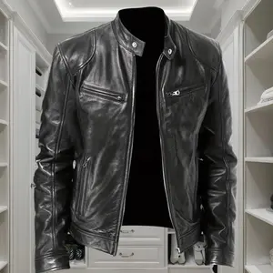 Men's standing collar leather jacket, spring and autumn new style leather jacket, handsome motorcycle suit