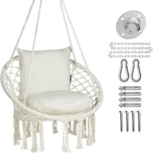 Macrame Chair Hanging Swing Chair Max 330 Lbs Hammock Chair with 2 Cushions and Hardware Kits Cotton Rope Chair for Indoor Outdoor Bedroom Patio Garden - Beige