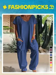TFNOSIZE Women's Stretch Jumpsuit V-neck Short-Sleeve Top & Loose-Fit Bottom Elegant, simple, breathable, comfortable, stylish one-piece, casual loungewear Overalls Shortsleeve jumpsuit#Summervibes