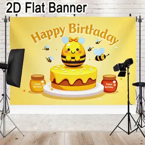 2D flat banner, 1pcCute Bee Happy Birthday Cake Decor, Yellow Cartoon Bee Party Banner with Jars for Festive Celebration Decorations