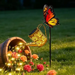 Solar Lights Outdoor Decorative, Watering Can with Cascading LED Lights, Butterfly Shepherd's Hook, Solar Garden Stake Decor, Mothers Day Gift
