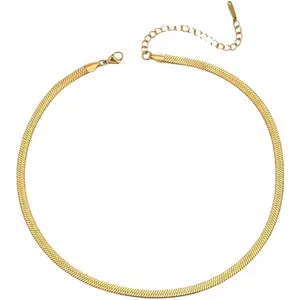 Household daily necessities Flat Herringbone Snake Chain Serpentine Necklace For Women Minimalist Adjustable Layering Chic Everyday Gold Tone Silver Tone 3mm 4mm 5mm (Gold 5mm, 17.7+2)
