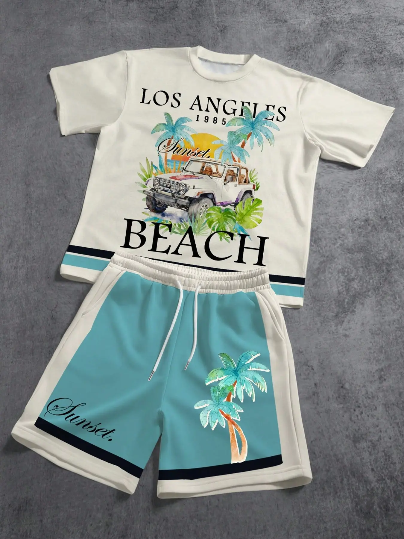 This men's two-piece set matching sets includes a crew neck short-sleeved Graphic T-shirt and a pair of printed shorts, creating a comfortable and casual tropical holiday look Shorts Sets Outfits