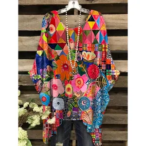 Women's Casual Retro Floral Art Print T-Shirt-Bright Full Pattern Geometric And Plant Design, Round Neck, Medium Stretch Fabric, Machine Washable, Comfortable All Season, Colored Mosaic Top, Womenswear Piece casual outfits women country concert outfits