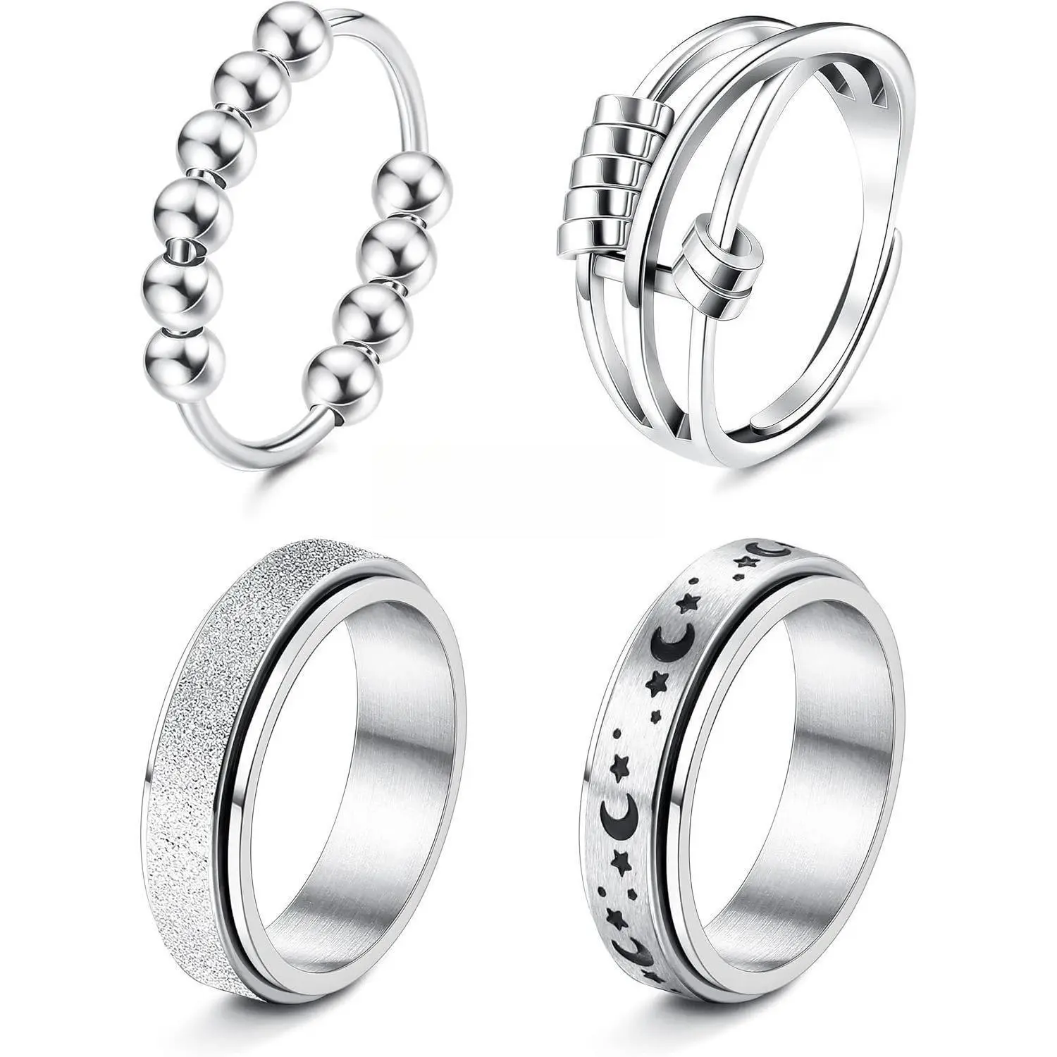 CASSIECA Stainless Steel Rotating Openwork Fidget Ring Set for Women, Anxiety Relief Stress-Relieving Spinner Band, Moon Star-Shaped Unit Set Rings, Business Casual Summervibes Fashion Costume Jewelry, Rotating Openwork Ring