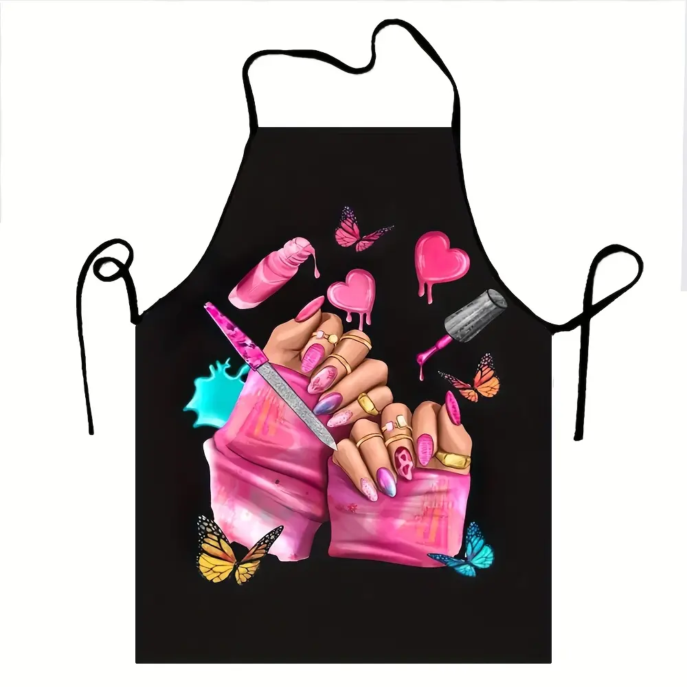 Unisex Pink Nail Art Apron - Stylish Polyester Kitchen and Baking Apron with Lively Nail Art Design, Suitable for Chefs, Cooks, Makeup Artists, and Makeup Artist Equipment | Vibrant Apron | Glossy Surface, Nail Art Technician Apron, Novelty Cooking Aprons