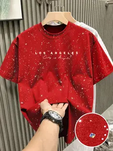 New Men's Black Galaxy Splatter Graphic "Los Angeles" Letter Printer Round Neck Tee, Loose Modern Edgy Streetwear Casual Style T-Shirt Aesthetics, Stylish Men'S Tops For Everyday Wear, Perfect For Summer Workouts, New Summer Arrivals For Men