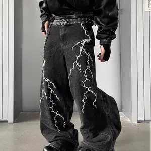 Retro Street Design Thorn Embroidery Niche Versatile Loose Straight Jeans Men's Casual Pants (Button Holes Not Opened At Waist), for Outdoor