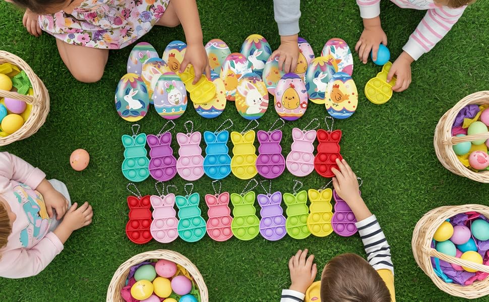 24 PCS Prefilled Easter Eggs with Bunny Pop Bubble Fidget Keychains – Easter Basket Stuffers, Egg Fillers, Party Favors for Kids Boys Girls Egg Hunt Toys-Valentine gift