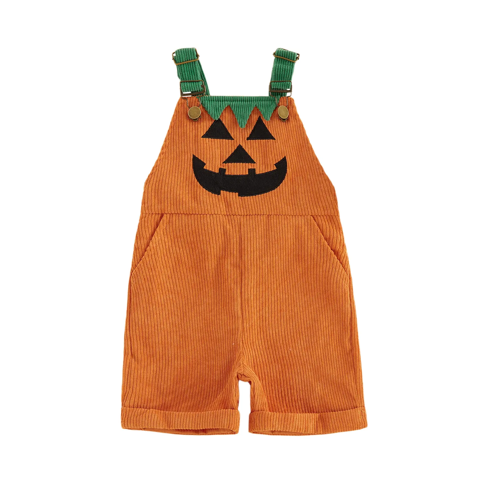 Unisex Toddler Halloween Knitted Jumpsuit - Pumpkin Print, Ghost Motif, Autumn Wear, Practical Pocket, Soft Comfortable Polyester Bodysuit