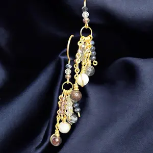 Gold Plated Copper-wire Dangling Earrings with Garnet, Moonstone & Tourmaline Quartz 8 mm bead and 4 mm glass beads. Crystal Fashionable Jewelry